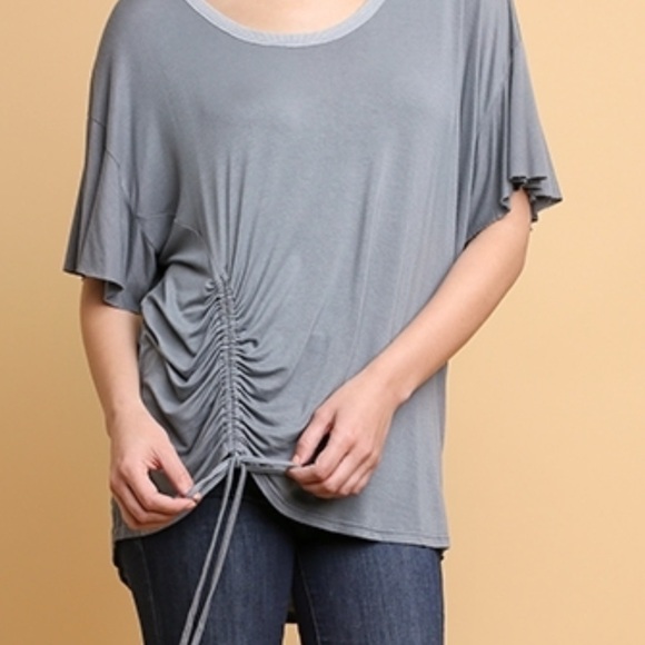 Basic Knit Short Ruffle Sleeve Scoop Neck Top w/Cinched Drawstring Side Detail - Picture 2 of 5